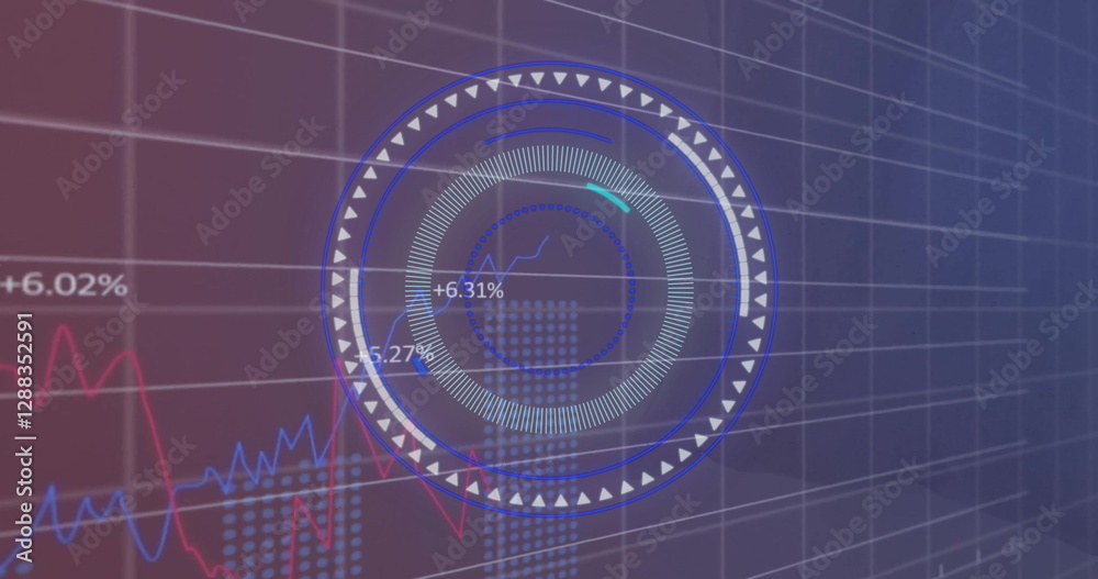 Image of financial data processing and scope scanning over grid background Image of financial data processing and scope scanning over grid background