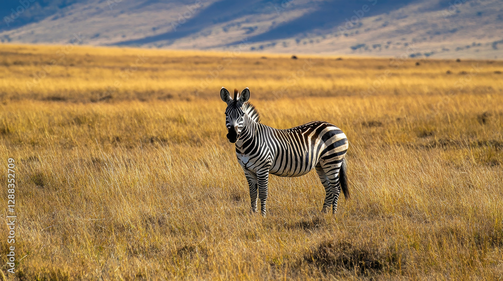 Naklejka premium A solitary zebra standing in the middle of an open grassland
