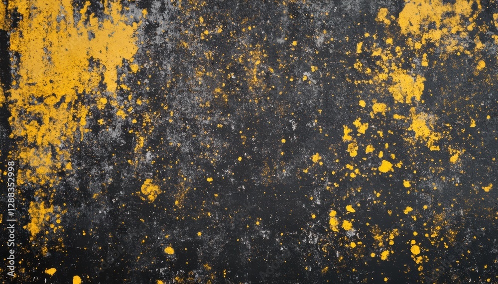 Abstract yellow paint splatter on dark surface art design studio textured background close-up creative concept Abstract yellow paint splatter on dark surface art design studio textured background close-up creative concept