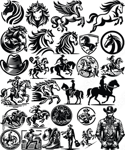 Horses and Cowboys Vector Set Illustration