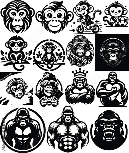 Monkey and Gorilla Vector Set Illustrations