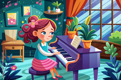 vector of  A girl playing the piano
