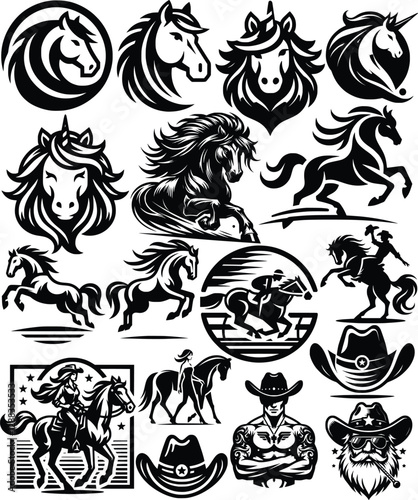 Horses and Cowboys Vector Set Illustration