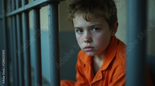 Trapped behind steel bars, a young soul endures confinement in an orange jumpsuit, reflecting the weight of circumstances beyond control in a detention center