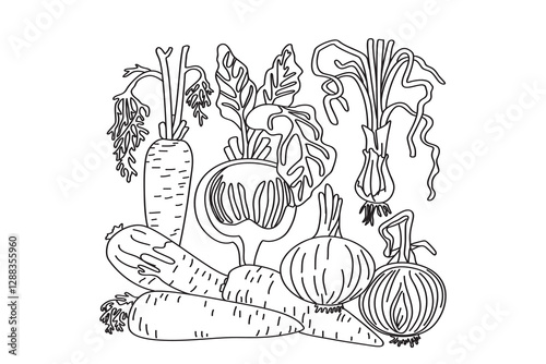 Line art set of vegetables isolated on white background. Hand drawn outline black and white botanical carrots, onions, beets vector illustration. Graphic design for Birthday Invitation Coloring Book
