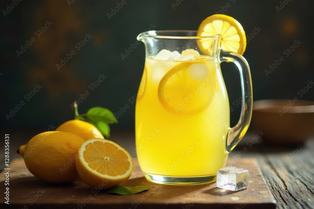 Golden lemonade in a rustic glass jug, ice cubes visible , food, yellow drink, citrus Golden lemonade in a rustic glass jug, ice cubes visible , food, yellow drink, citrus