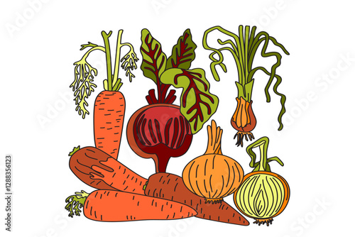 Cartoon set of vegetables isolated on white background. Hand drawn colorful botanical carrots, onions, beets vector illustration. Graphic design for Birthday Invitation Advertising Label Shop Print