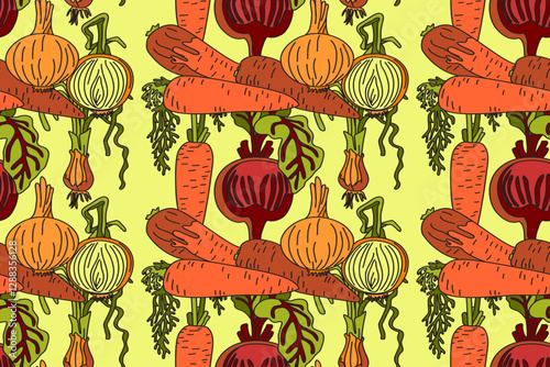 Botanical abstract seamless pattern with cartoon colorful carrots, onions, beets vector illustration. Repeating vegetables pattern in yellow color background. Graphic design for Fashion Cover Textile