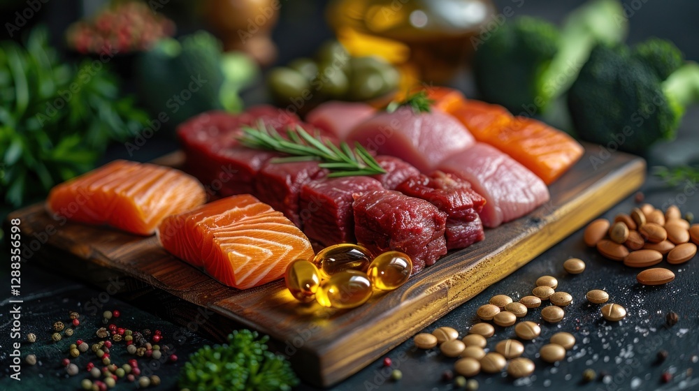 B12 supplement capsules alongside natural sources of the vitamin, including fresh cuts of meat and green broccoli, illustrating organic and nutritional options for health.