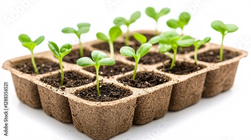 Young Seedlings Growing in Biodegradable Seedling Tray on White Background