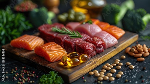 Obraz na płótnie B12 supplement capsules alongside natural sources of the vitamin, including fresh cuts of meat and green broccoli, illustrating organic and nutritional options for health. w salonie