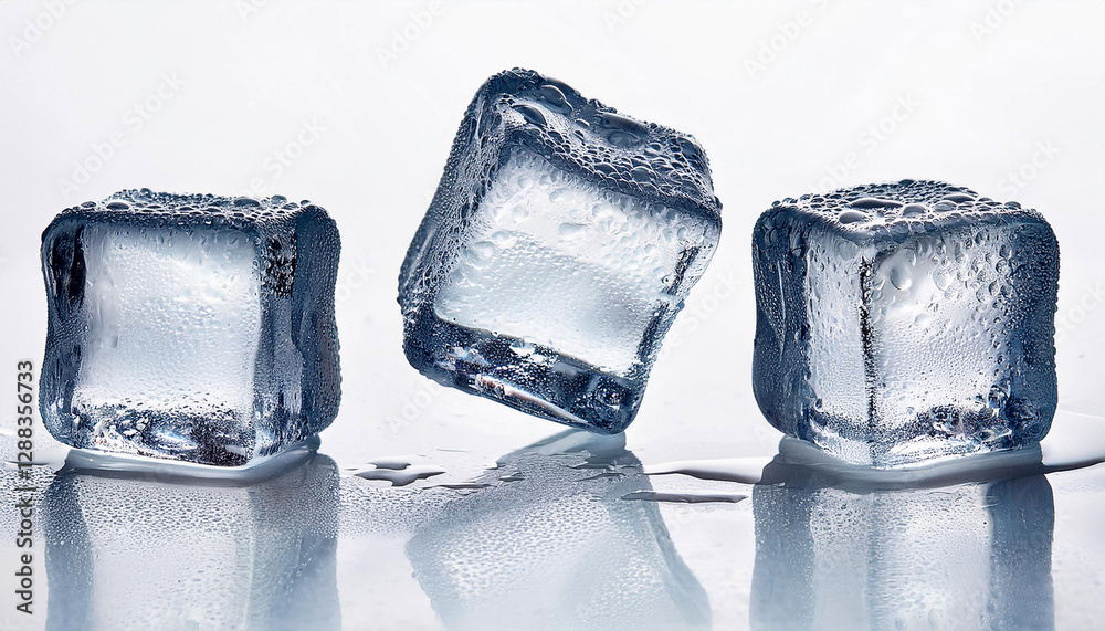 Three ice cubes on white background.