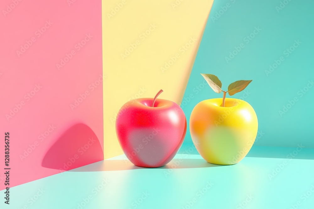 Obraz premium Two Apples on bright backgrounds. Geometry Minimal style