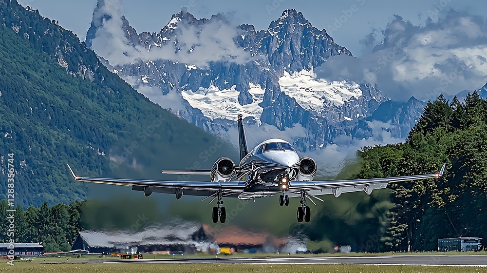 Private jet landing, alpine mountains, scenic runway, small airport Private jet landing, alpine mountains, scenic runway, small airport