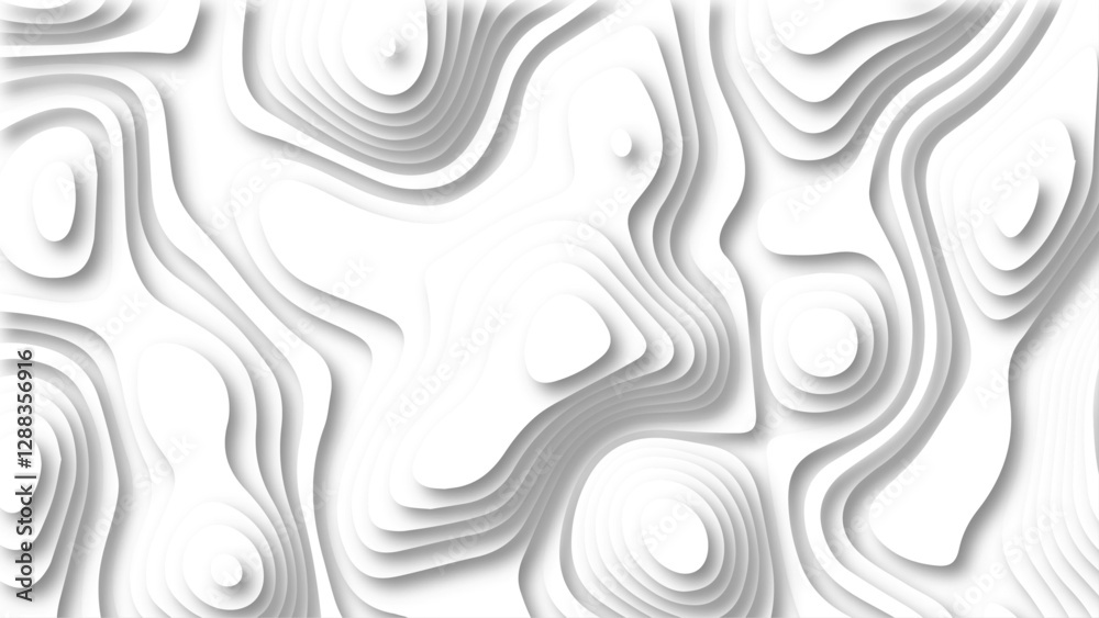 Abstract wavy line paper cut white background. Topographic geometric map relief texture with curved layers and shadow. Abstract soft white background Abstract wavy line paper cut white background. Topographic geometric map relief texture with curved layers and shadow. Abstract soft white background