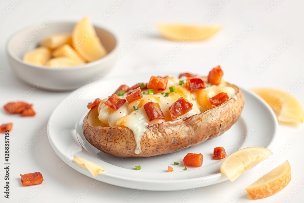 Baked potato with melted cheese, crispy bacon, and chives on a white plate Baked potato with melted cheese, crispy bacon, and chives on a white plate
