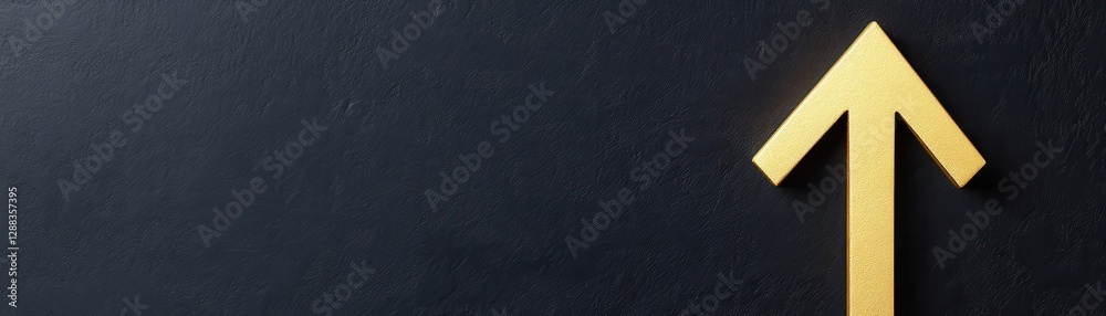 Fototapeta premium A sleek black background features a bold gold upward arrow, symbolizing growth, progress, and direction.