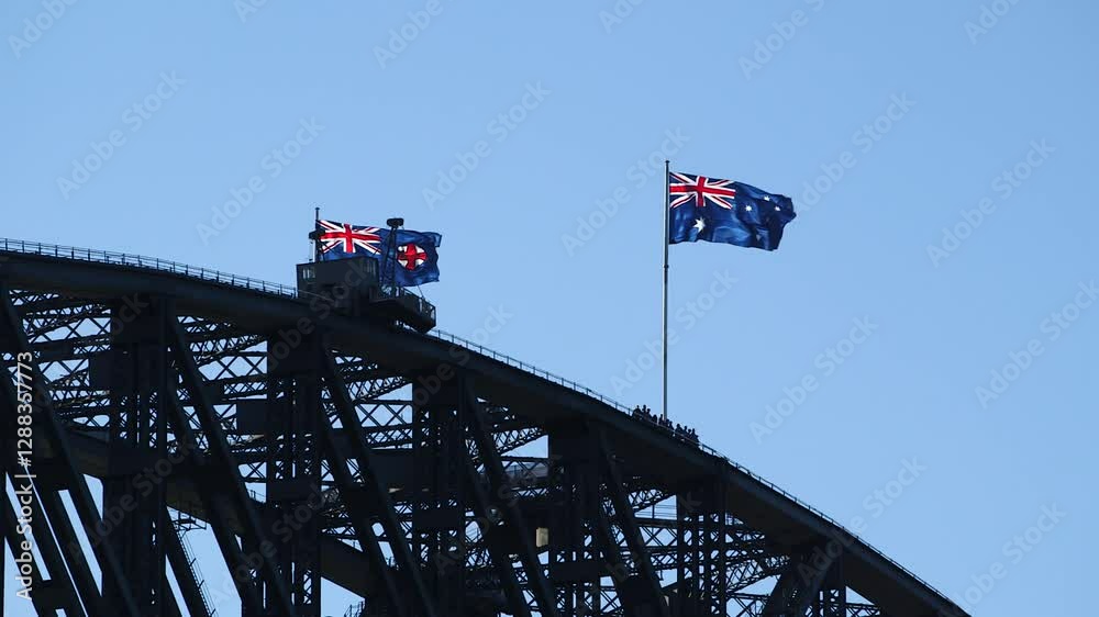 Australian flats blow in strong winds above Sydney Harbour Bridge Australian flats blow in strong winds above Sydney Harbour Bridge