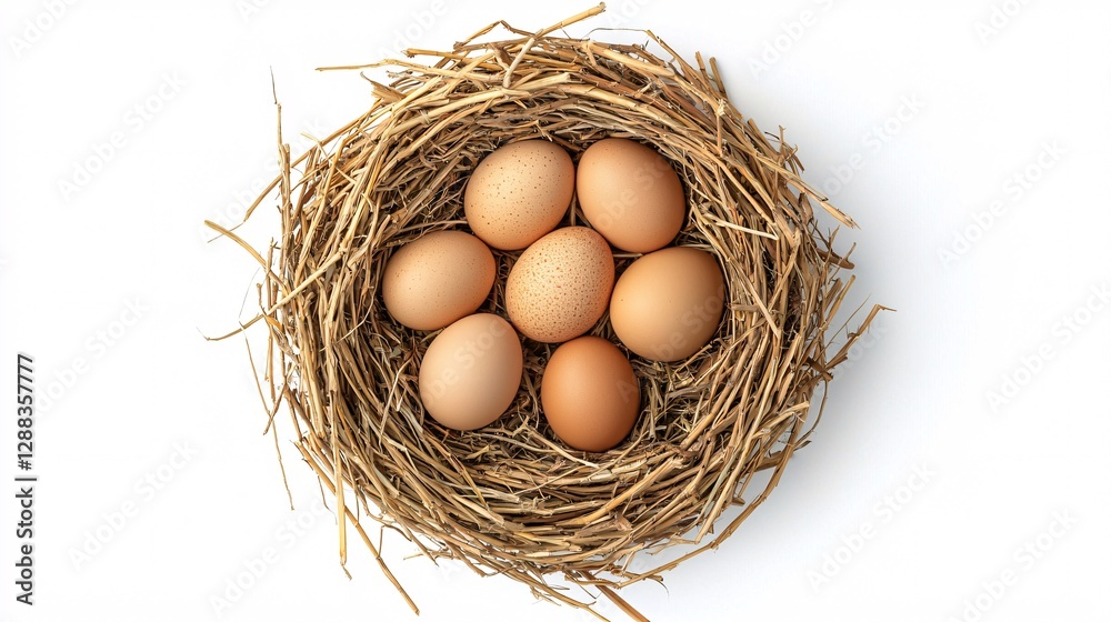 Fresh Brown Eggs Nestled in Natural Straw, Top View, Isolated Background Fresh Brown Eggs Nestled in Natural Straw, Top View, Isolated Background