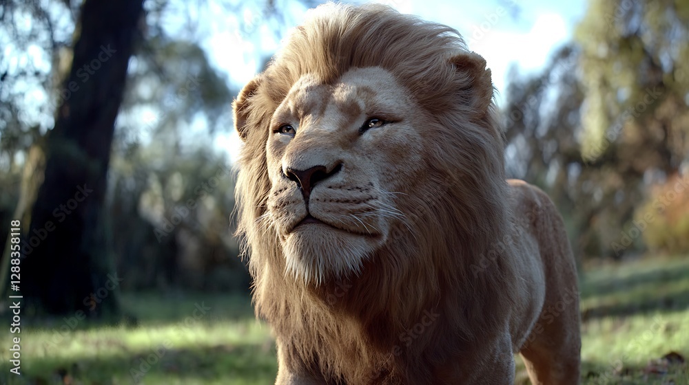 Naklejka premium A majestic lion with flowing mane in a sunlit forest