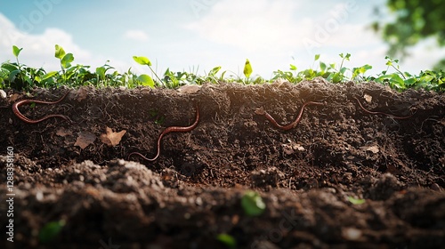 Soil Layers with Worms and Green Plants Under Sunny Sky