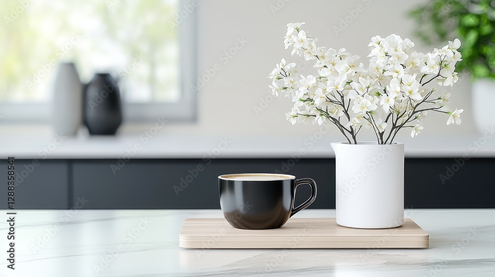 Coffee, flowers, kitchen counter, calm background, website banner Coffee, flowers, kitchen counter, calm background, website banner