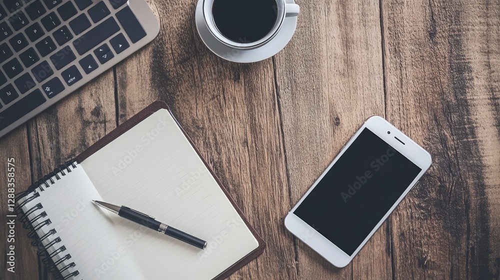 Top view of a desk with a clean notebook, smartphone, and pen, with ample space for business communication content. Top view of a desk with a clean notebook, smartphone, and pen, with ample space for business communication content.