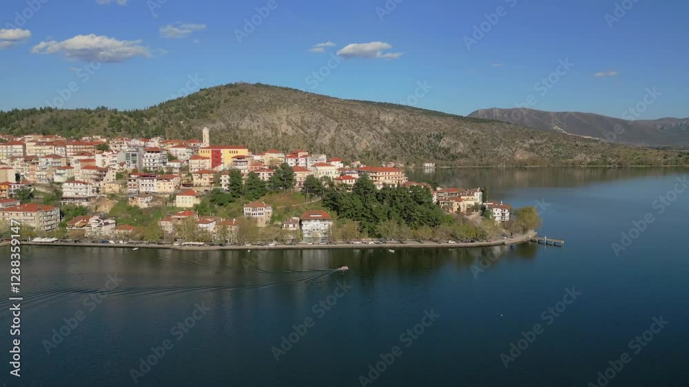 Orbit of the peninsula of Kastoria as a boat travels along the coastline Orbit of the peninsula of Kastoria as a boat travels along the coastline
