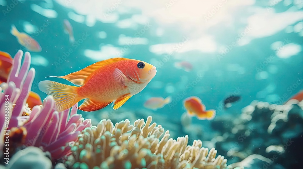 Naklejka premium Earth day environmental concept. Vibrant goldfish swimming in a colorful coral reef under sunlight.