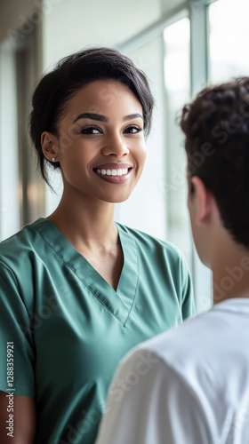 Young woman female nurse junior doctor Black African American hospital green scrubs smiling with male patient corridor
