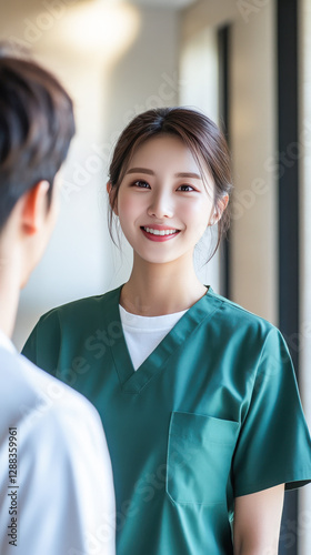 Young woman female nurse junior doctor Oriental Chinese hospital green scrubs smiling with male patient corridor
