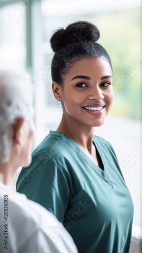 Young woman female nurse junior doctor Black African American hospital green scrubs smiling with elderly female patient corridor