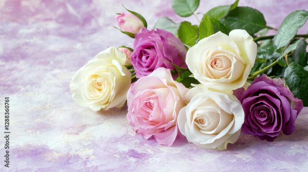 Fototapeta premium A perfectly arranged bouquet of fresh deep pink and white roses placed on a soft lilac surface