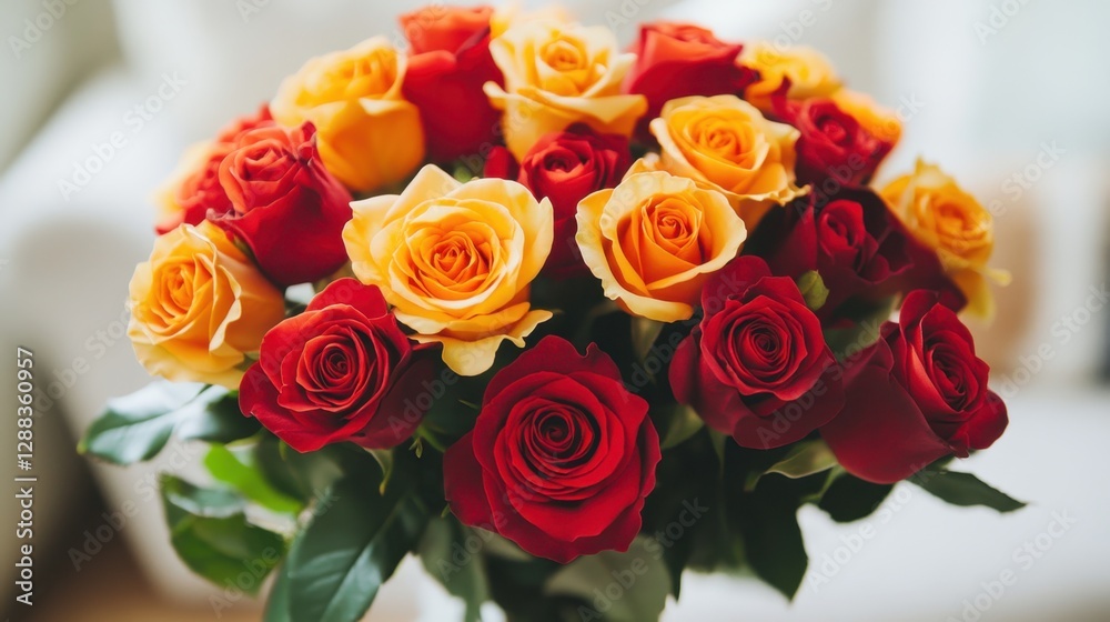 A romantic bouquet of bright red and orange roses beautifully displayed on a neutral-toned background