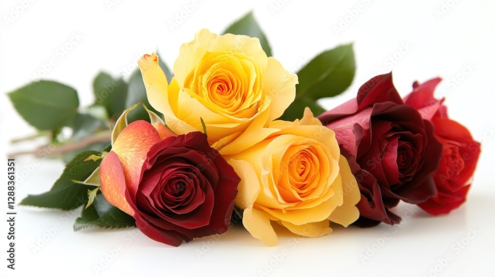 A vibrant bouquet of mixed roses, from yellow to deep red, placed elegantly on a clean white background A vibrant bouquet of mixed roses, from yellow to deep red, placed elegantly on a clean white background