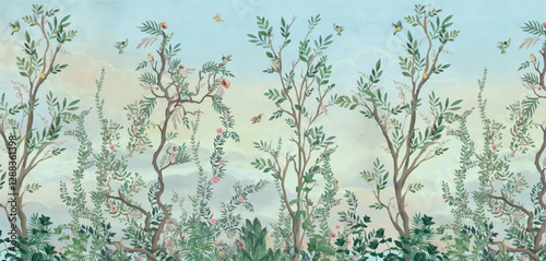 BLOSSOM CHINOISERIE wallpaper background, watercolor Trees and background, birds.