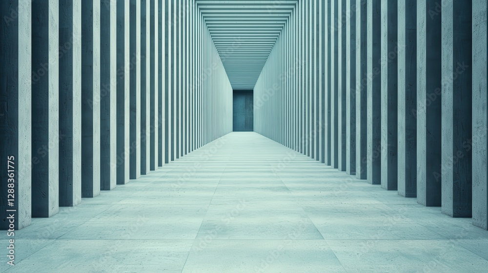 Fototapeta premium A symmetrical corridor with tall, concrete columns leading to a distant doorway, creating a sense of depth and architectural intrigue.