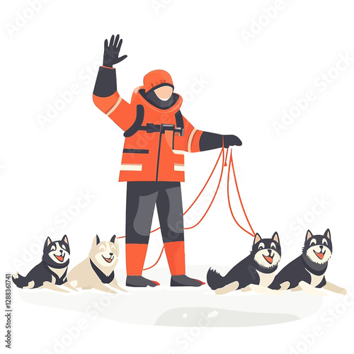 Man in Orange Outfit Waves Next to Dogs in Snowy Landscape Illustration