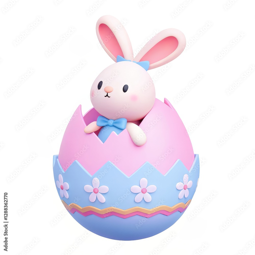 Fototapeta premium Easter and Circus theme, Cute bunny emerging from a pastel-colored Easter egg with floral designs.