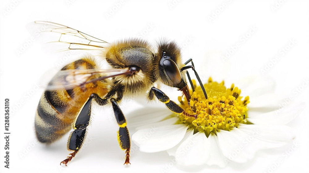 Close-up of a Honeybee Pollinating a White Flower Plant
