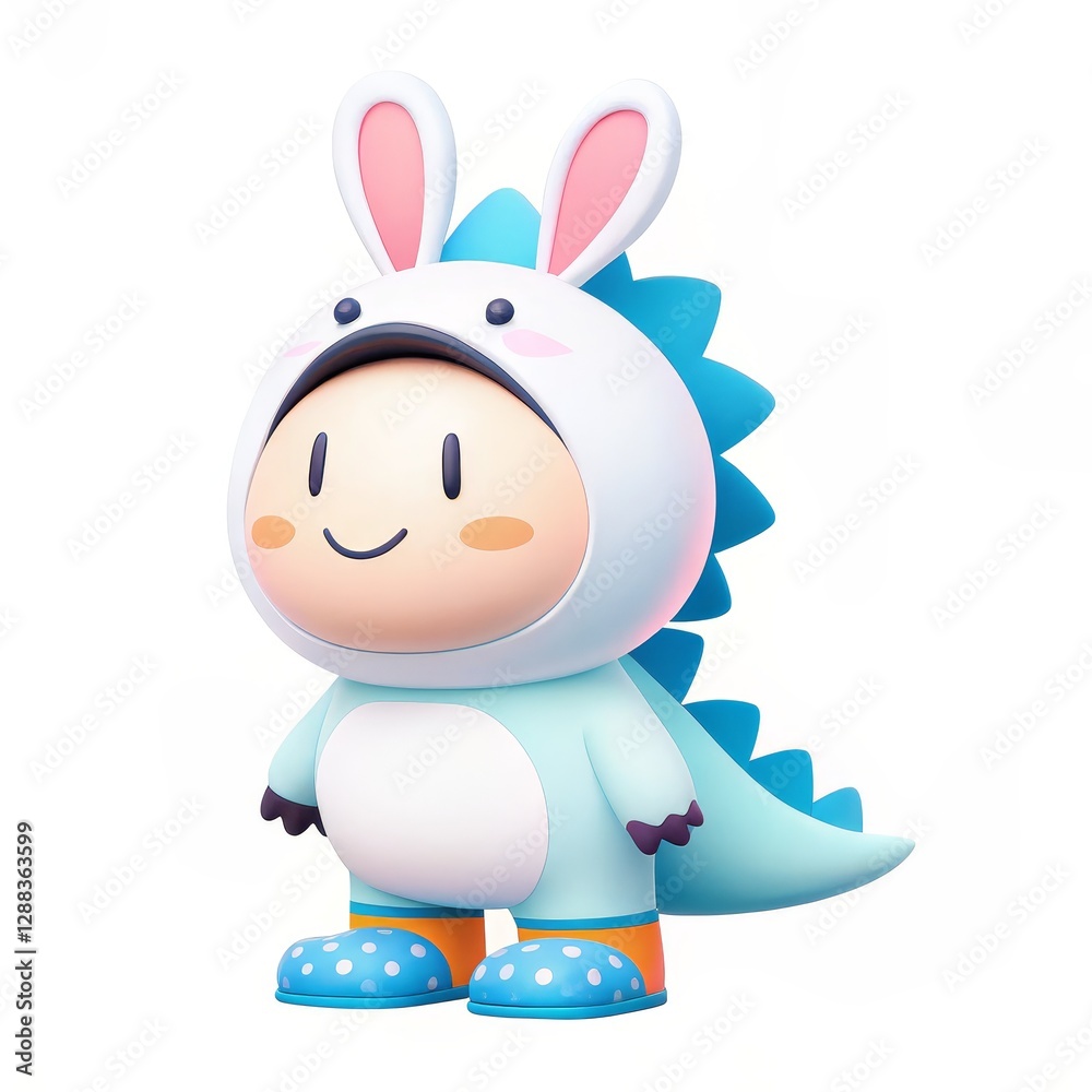 Fototapeta premium Easter and Dinosaurs theme, A cute character in a bunny-dino costume with colorful details and a cheerful expression.