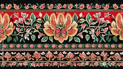 Red   Gold Floral Textile Design  Seamless Pattern  Vintage Asian Print