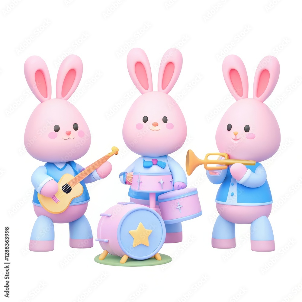 Fototapeta premium Easter and Circus theme, Cute cartoon bunnies playing musical instruments in vibrant colors.