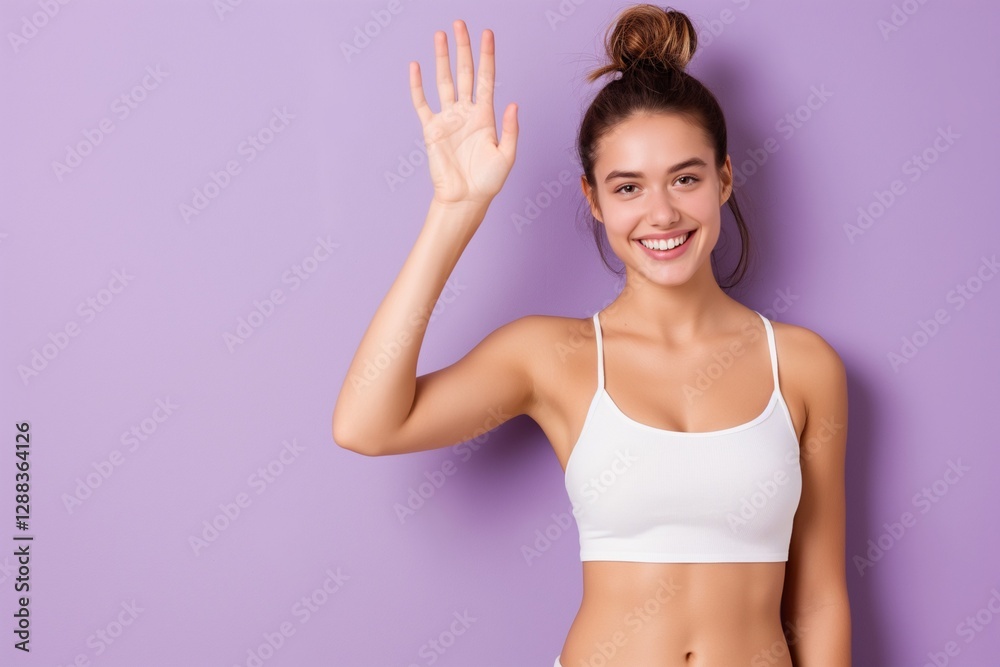 Skinny woman in crop top smiling waving on purple background, sport fitness concept Skinny woman in crop top smiling waving on purple background, sport fitness concept