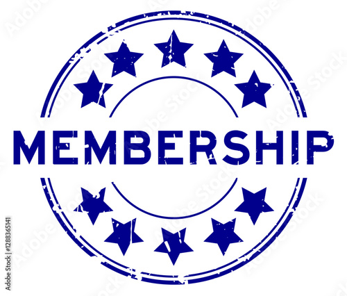 Grunge blue membership word with star icon round rubber seal stamp on white background