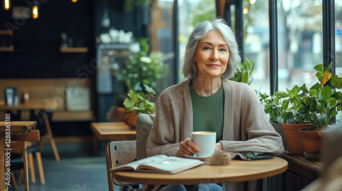 A graceful elderly woman with silver hair sits in a cozy café, enjoying a cup of coffee and reading a book, surrounded by green plants and warm lighting, exuding peace and contentment.