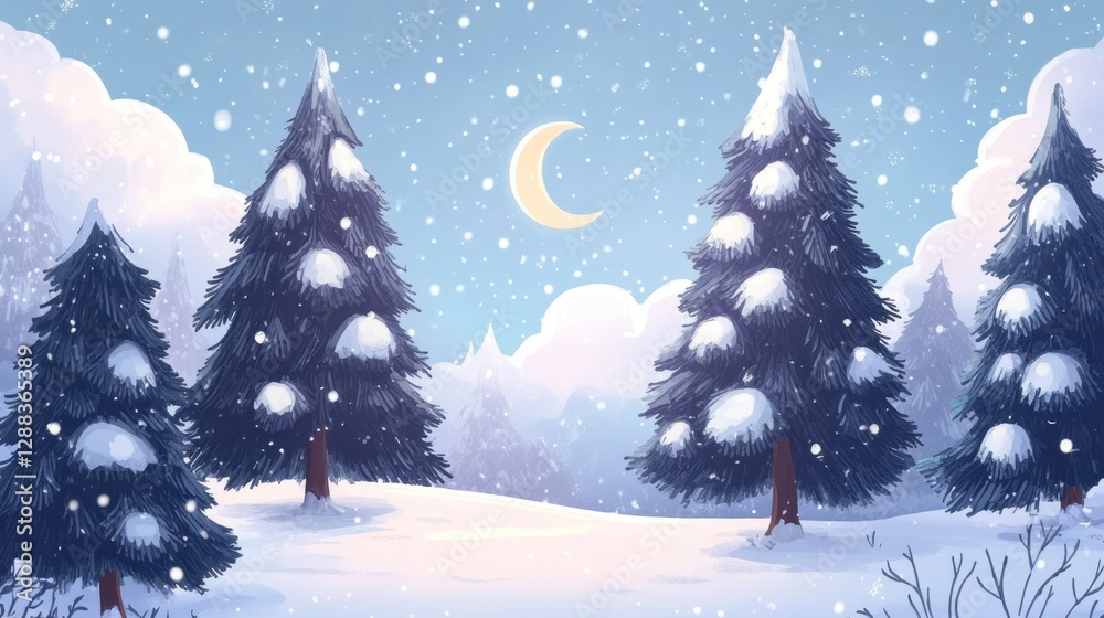 Obraz premium A painting of a snowy forest with trees and a path.