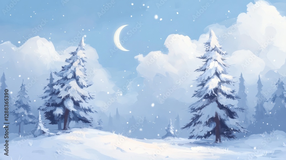 Obraz premium A painting of a snowy forest with trees and a path.