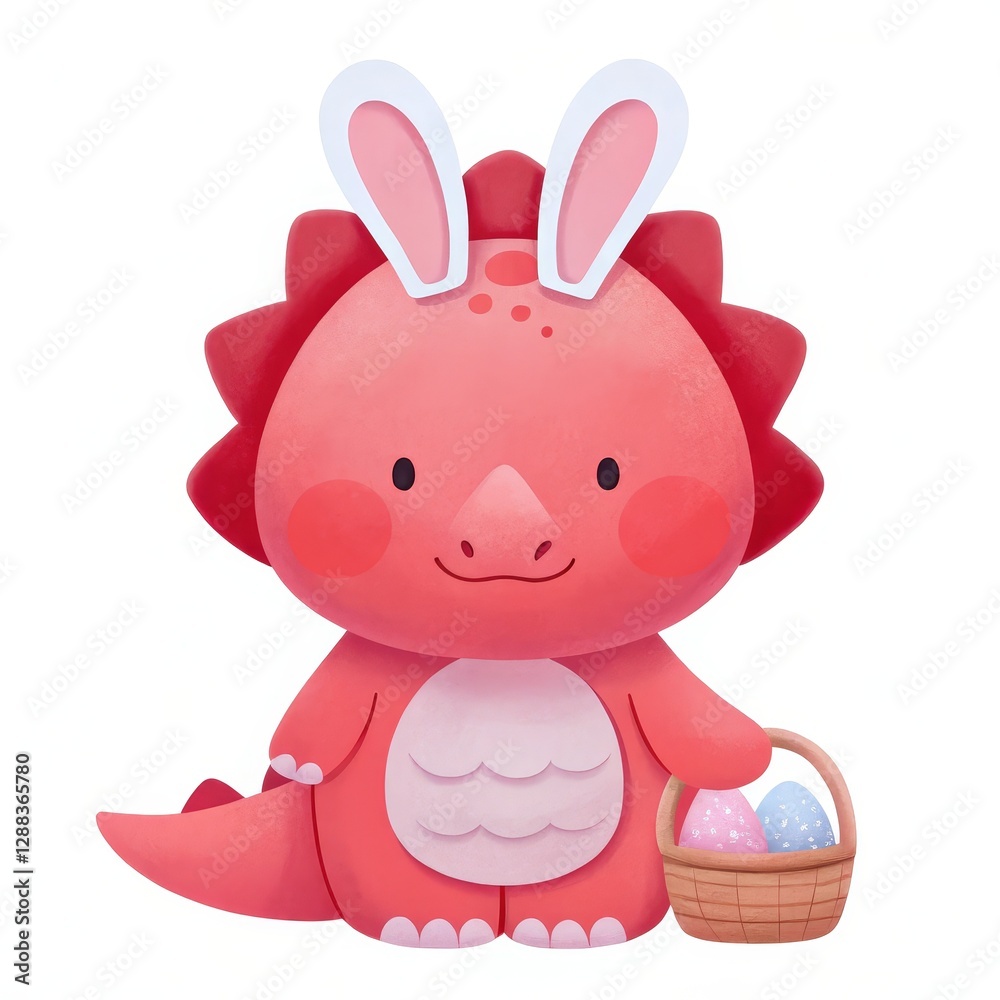 Easter and Dinosaurs theme, Cute pink dragon with bunny ears holding a basket of colorful eggs. Easter and Dinosaurs theme, Cute pink dragon with bunny ears holding a basket of colorful eggs.