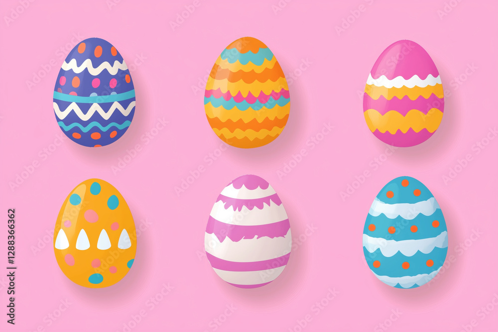 set of six colorful Easter eggs with different patterns and designs. The eggs are arranged in a row on a pink background set of six colorful Easter eggs with different patterns and designs. The eggs are arranged in a row on a pink background